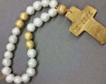 White Handmade Clay Blessings Beads With Gold Leaf Cross - Anniversary, Wedding Gift,  Baby Gift, Housewarming Gift, Bridal Shower Gift.