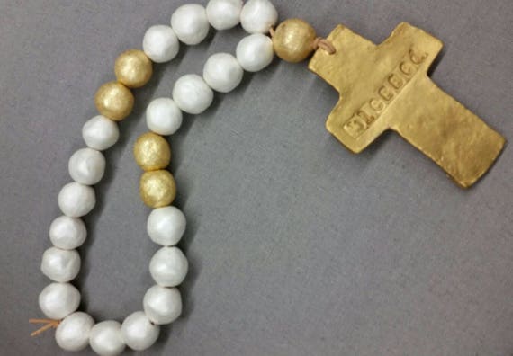 Handmade Clay Blessing Beads: White & Gold Leaf Cross, 16"