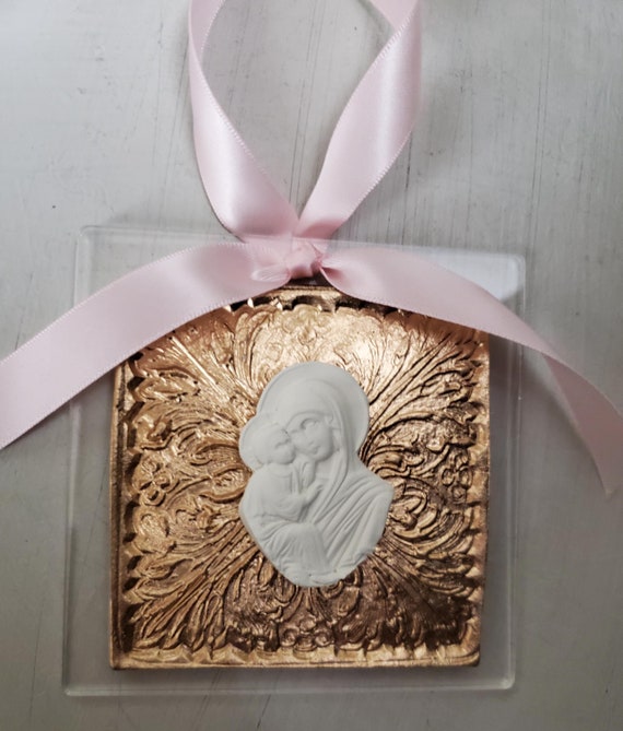 Handmade Gold Leaf Mary and Baby Jesus Ornament - Christian Gift