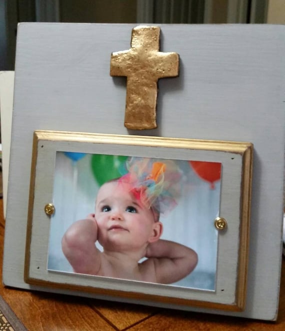 Handmade Distressed Wood Picture Frame: Franciscan Grey with Gold Cross