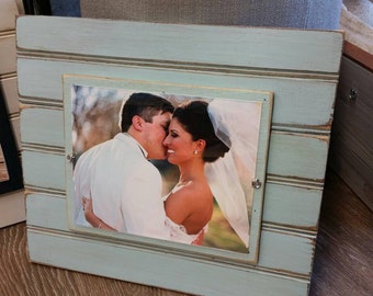 Handmade Beadboard Picture Frame - to hold 8x10 photo. Painted aged finish with a wood mat. Coastal - Wedding - Baby Gift - Family Grouping