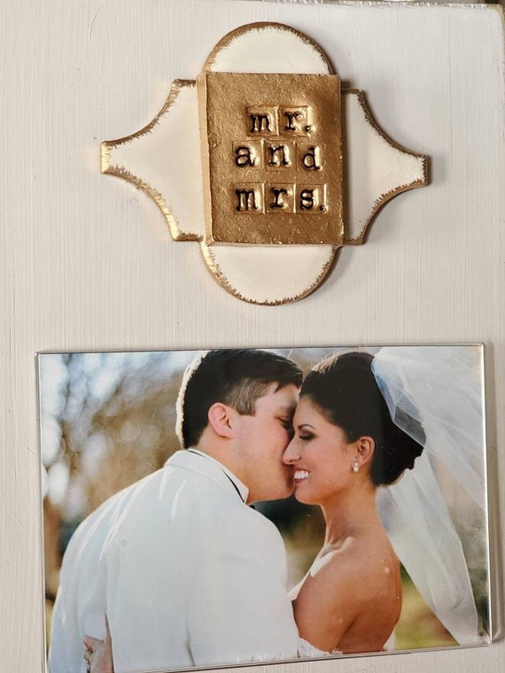 Gold Gilded Tile With Mr. And Mrs. Gold Tag Frame 4x6 Horizontal Photo Painted Oyster White Weddings Gift - Bridal Shower Gift
