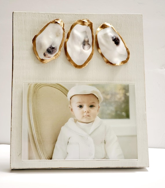 Three Oysters on Handmade Wood Frame - Painted and Distressed Old White - Coastal - Gift - Beach.