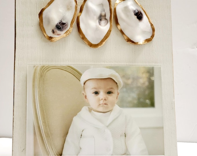 Featured listing image: Three Oysters on Handmade Wood Frame - Painted and Distressed Old White - Coastal - Gift - Beach.