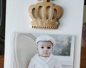 Handmade Wood Frame Painted Oyster White Distressed With A Gold Leaf Large Crown - Wedding - Baby - Baptism - House Warming Gift - Carnival.