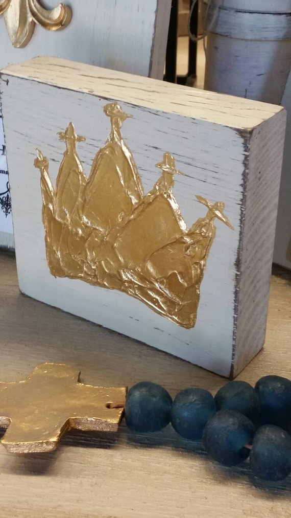 Handmade Gold Leaf Crown on Distressed White Wood Block