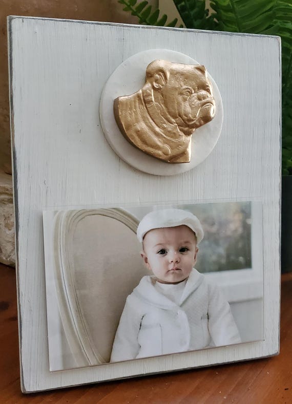 Handmade Distressed Wood Photo Frame: Gold Leaf Bulldog Intaglio