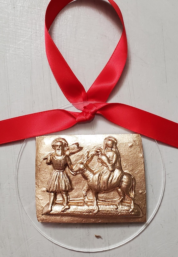 Gold Leaf Holy Family Clay Ornament: Handmade Religious Gift Wreath Ornament.