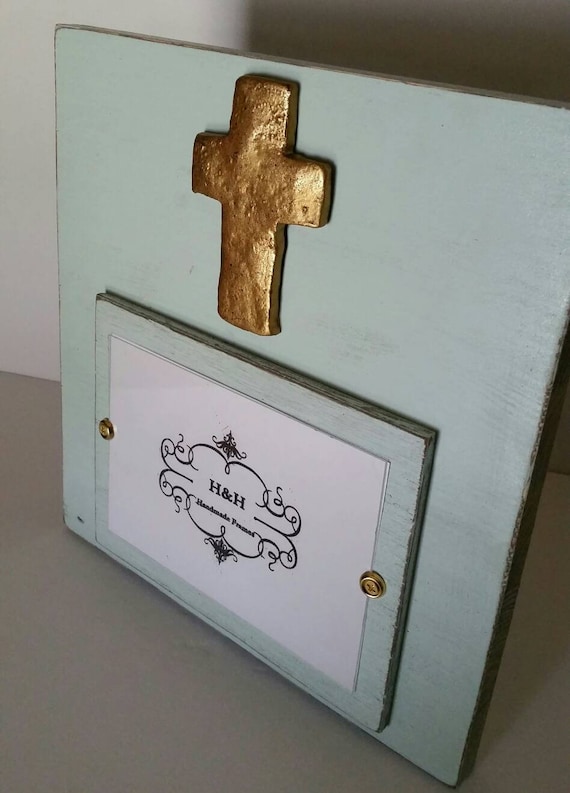 Handmade Distressed Wood Picture Frame: Ice Blue & Gold Cross (5x7)