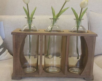 Three Glass Vases in a Wooden Stand - Natural Finish