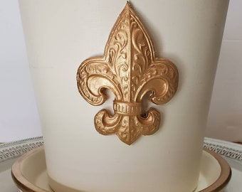 Plant Container - Planter Painted White With Gold Filigree Fleur-de-lis and Gold Accents - Handmade - Tray Included.