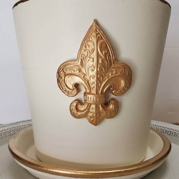 Plant Container - Planter Painted White With Gold Filigree Fleur-de-lis and Gold Accents - Handmade - Tray Included.