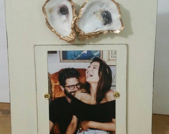 Oysters With Gold Leaf on Handmade Wood Picture Frame - Painted and Distressed Old White - Coastal - Gift - Beach.