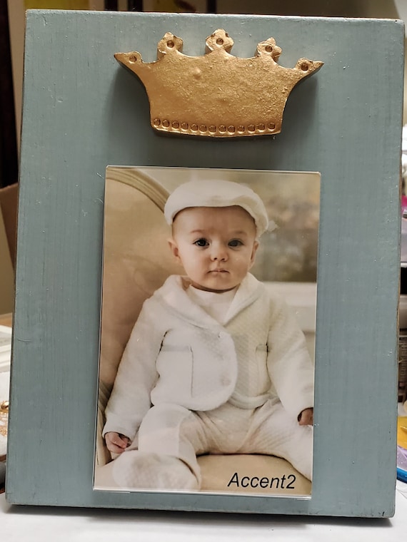 Handmade Distressed Wood Photo Frame: Duck Egg Blue with Gold Crown