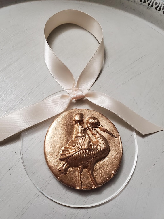 Baby Riding Stork Intaglio Ornament: Handmade Acrylic Christening Gift