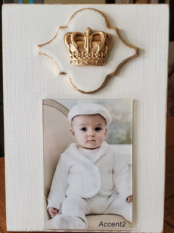 Handmade Frame with Gold Leaf Crown 4x6 Vertical Photo Baby, Wedding, Mardi Gras.