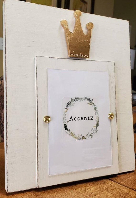 Gold Leaf Crown Picture Frame: Handmade Distressed Oyster White Wood, 5x7 Photo
