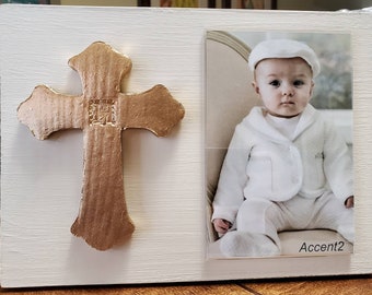 Gold Gilded Cross Personalized With Initial Wood Frame 4x6 Vertical Photo Painted Distressed Oyster White Christening Baby Weddings Gift