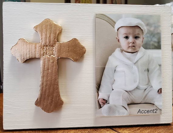 Gold Gilded Cross Personalized Wood Picture Frame - Oyster White 4x6