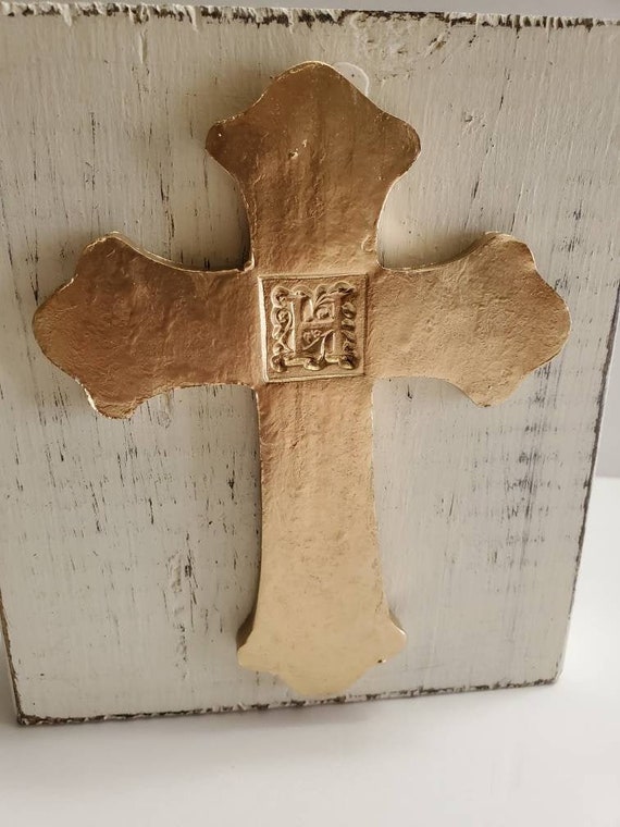 Handmade Clay Gold Leaf Cross Personalized With Initial - On Wood Distressed White Block Gift For Loved One  Art Piece Baby or Wedding Gift