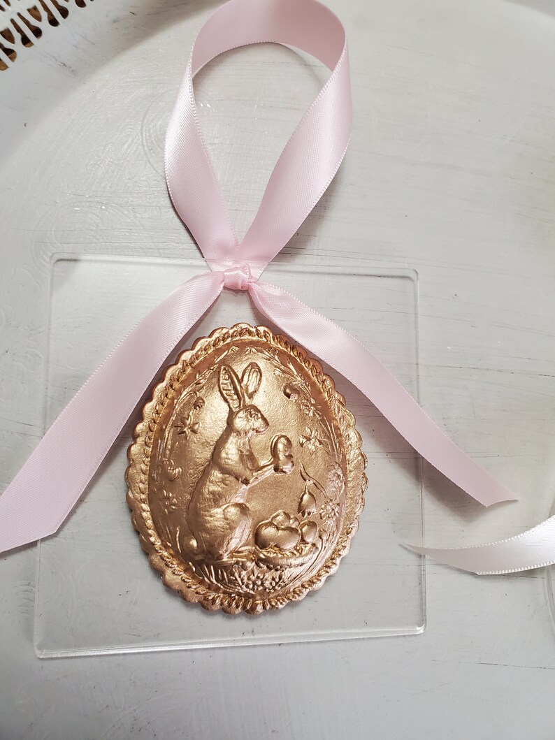 Gold Handmade Clay Ornament On Acrylic Hostess Gift Housewarming Gift Easter Rabbit Baby Shower image 6