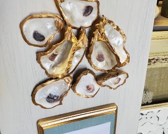 Wood Plank Double 5x7 Handmade Picture Frame - Distressed White Finish With Duck Egg Wood Mat, Gold Leaf Accent, Cluster of Oyster Shells.