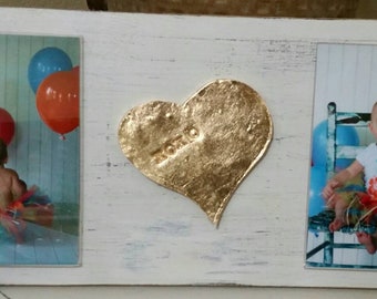 Handmade Wood Frame Painted White Distressed With A Gold Leaf Heart -XOXO-  Baby - Baptism - House Warming Gift or Just A Little Happy.