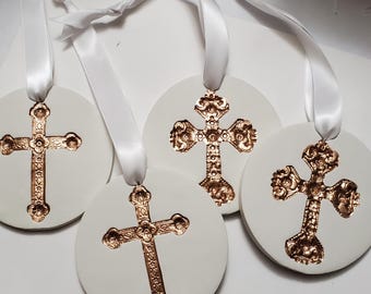 Hanging Intaglio with Gold Leaf Cross Imprint on Ribbon Hostess gift - Religious- Christening Gift - Baptism