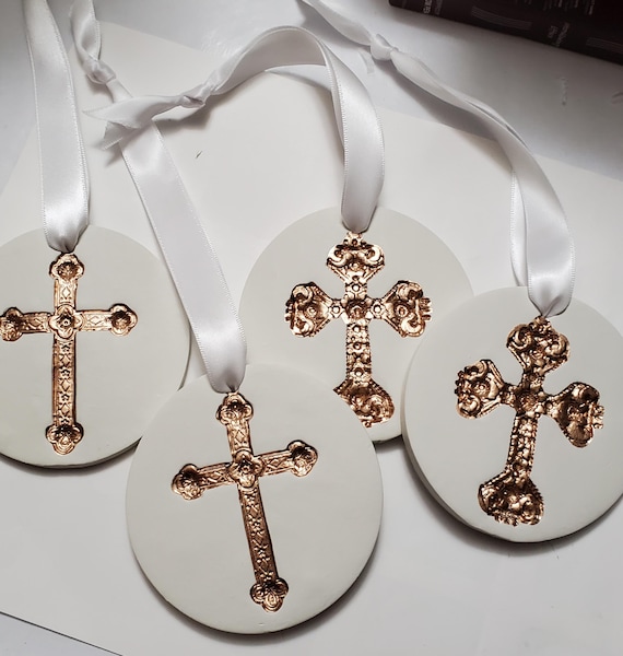 Gold Leaf Cross Intaglio Ornament: Handmade Religious Gift.