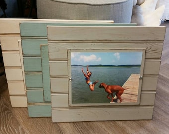 Handmade Beadboard Picture Frame - to hold 8x10 photo. Painted aged finish with a wood mat. Coastal - Wedding - Baby Gift - Family Grouping