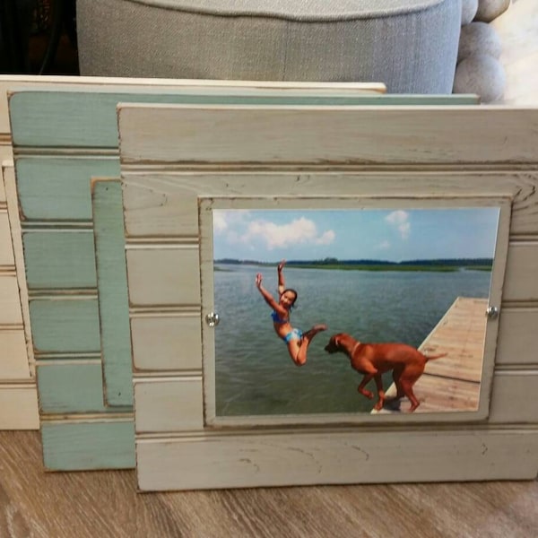 Handmade Beadboard Picture Frame - to hold 8x10 photo. Painted aged finish with a wood mat. Coastal - Wedding - Baby Gift - Family Grouping