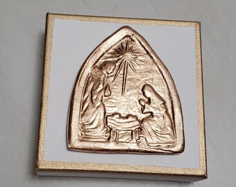 Nativity Scene Canvas With Gold 5x5 - Hostess Gift- Blessing - A Happy Gift - Housewarming Gift - Holiday Decorations - Religious Gift.