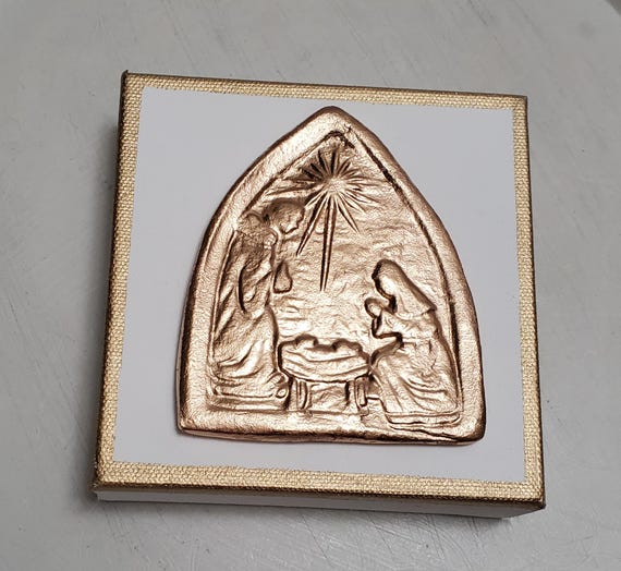 Nativity Scene Canvas With Gold 5x5 - Hostess Gift- Blessing - A Happy Gift - Housewarming Gift - Holiday Decorations - Religious Gift.