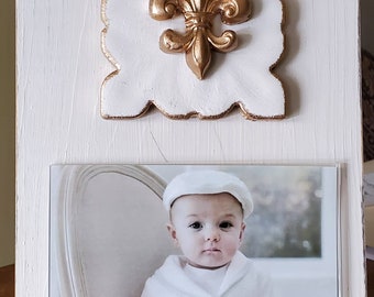 Frame With Gold Gilded Tile And Gold Fleur-de-lis 4x6 Horizontal Photo Painted Oyster White Christening Baby Gift Weddings Gift