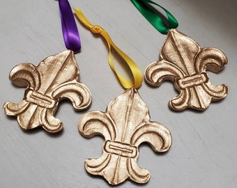 Gold Leaf Handmade Clay Hanging Fleur de lis  - Ornaments Or Gift Tags - Blessing - Hostess Gift - Housewarming - Mardi Gras - Nola-Favors