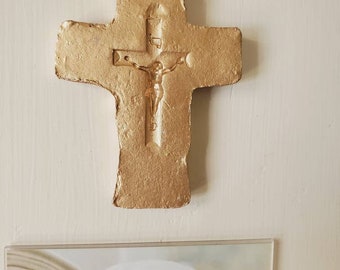 Handmade Wood Frame Painted Oyster White Distressed With A Gold Leaf Cross With Crucifix - Wedding - Baby - Baptism - House Warming Gift.