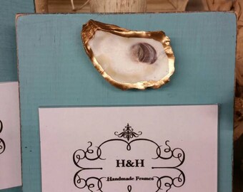 Oyster on Handmade Wood Frame for 4x6 Photo - Painted - Distressed Turquoise  - Coastal - Gift - Beach.