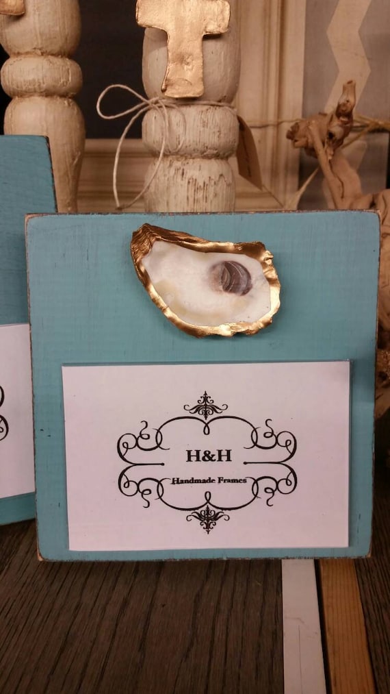 Oyster on Handmade Wood Frame for 4x6 Photo - Painted - Distressed Turquoise  - Coastal - Gift - Beach.