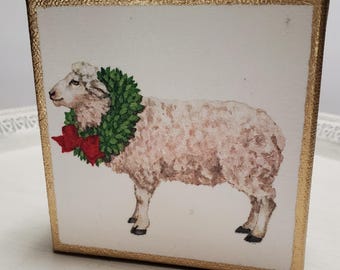 Sheep with Wreath Design On Canvas With Gold Accents 4x4 - Hostess Gift-   Christmas - A Happy Gift - Housewarming Gift - Holiday Decoration