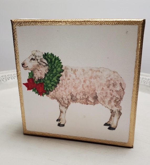 Sheep with Wreath Design On Canvas With Gold Accents 4x4 - Hostess Gift-   Christmas - A Happy Gift - Housewarming Gift - Holiday Decoration