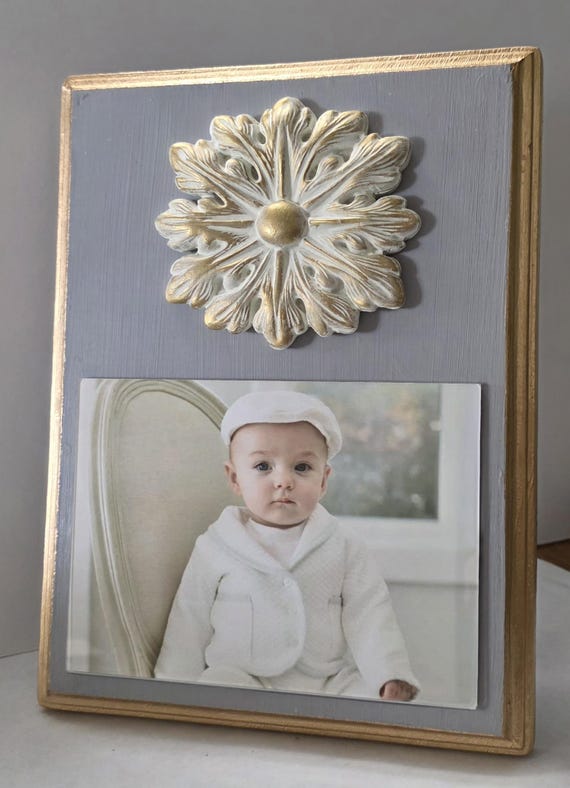 Frame 5x7 Photo White And Gold Architectural Deco Painted Chicago Gray Gold Leaf - Baby Gift- Wedding- Birthday- Hostess