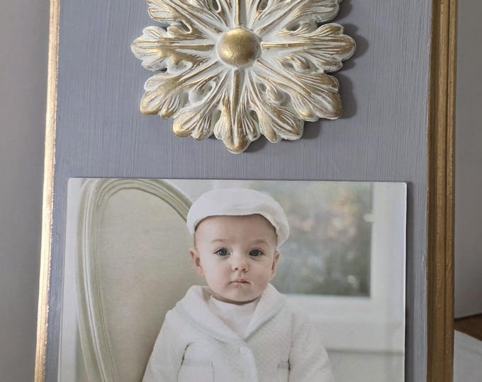 Featured listing image: Frame 5x7 Photo White And Gold Architectural Deco Painted Chicago Gray Gold Leaf - Baby Gift- Wedding- Birthday- Hostess