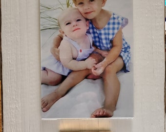 Handmade Wood Frame 4x6 Photo Painted Distressed Oyster White With A Gold Leaf Personalized Plaque - 30A or SEASIDE - Beach Vacation Gift.