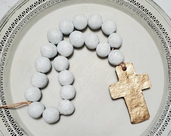 White and Gray Blessing Beads Clay Handmade With Gold Leaf And Cross -  Wedding Gift,  Baby Gift, Housewarming Gift, Bridal Shower Gift.