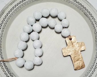 White and Gray Blessing Beads Clay Handmade With Gold Leaf And Cross -  Wedding Gift,  Baby Gift, Housewarming Gift, Bridal Shower Gift.