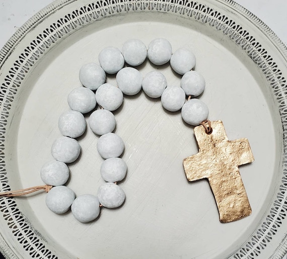 Handmade Clay Blessing Beads: White, Gray & Gold Leaf Cross
