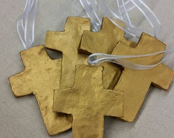 Gold Handmade Large Clay Hanging Cross - Ornaments Or Gift Tags - Blessing - Hostess Gift - Housewarming