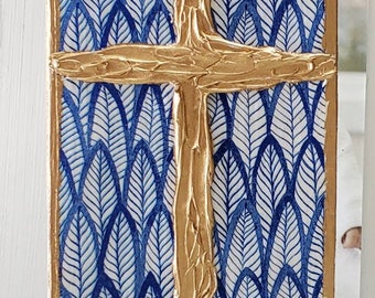 Hand Painted Wooden Gold Cross Block - Blue And White Design.
