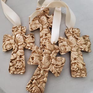 Gold Flower Cross Ornament: Handmade Clay Hanging, Catholic Gift