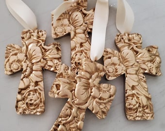 Gold Flower Cross Ornament: Handmade Clay Hanging, Catholic Gift